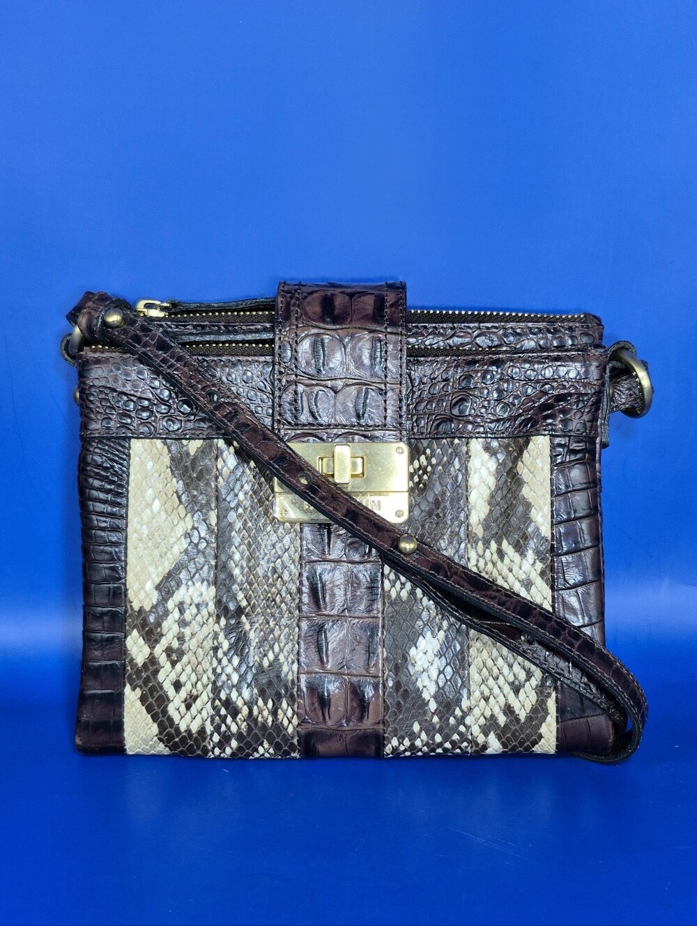 Brahmin Mixed Texture Snake Print & Brown Croc Crossbody Bag